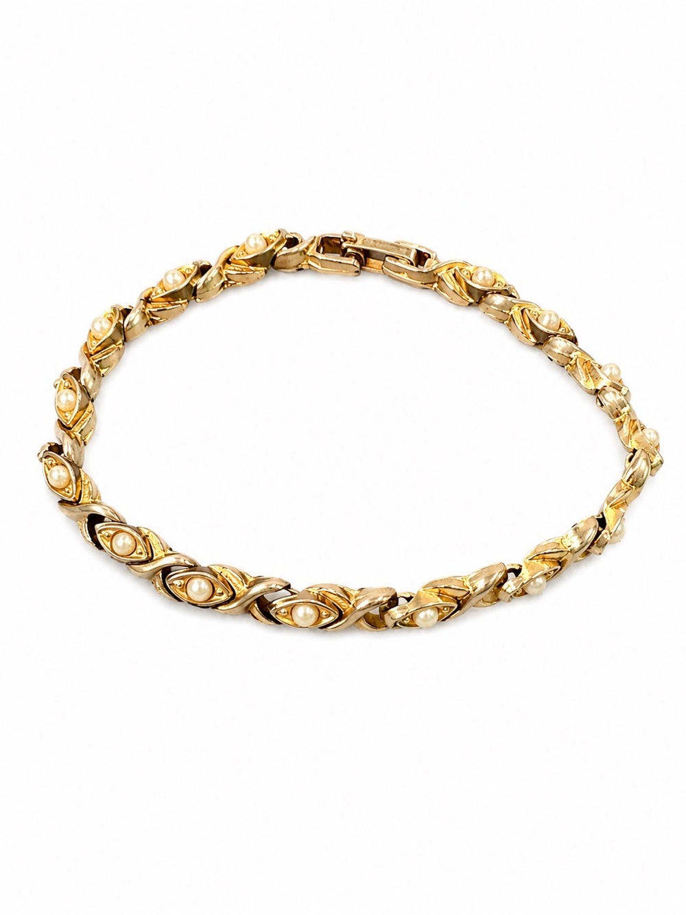 Vintage Gold Tone Faux Pearl Link Bracelet Made in USA 7.5”
